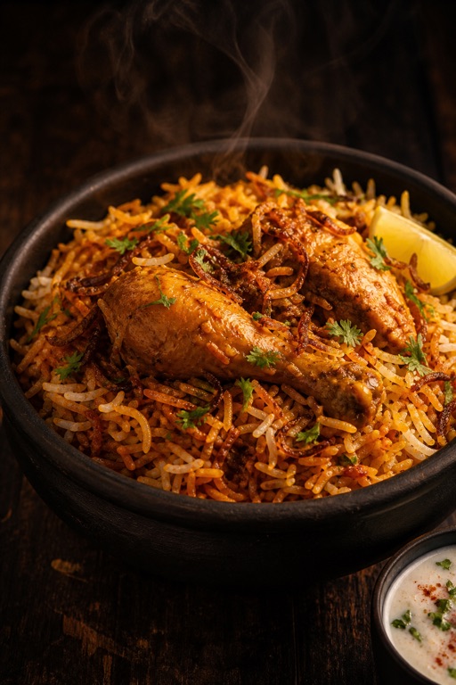 Chicken biryani with saffron basmati rice, fried onions and a lemon wedge in a clay bowl
