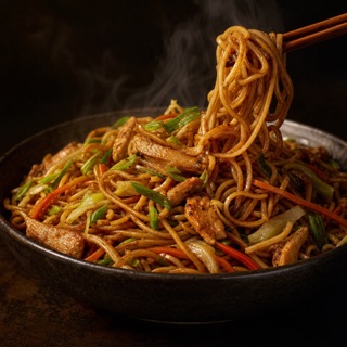 Chicken chow mein noodles with vegetables being lifted from a bowl with chopsticks