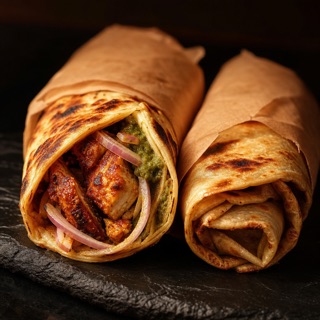 Chicken kathi rolls in paratha with spiced chicken, onion and green chutney